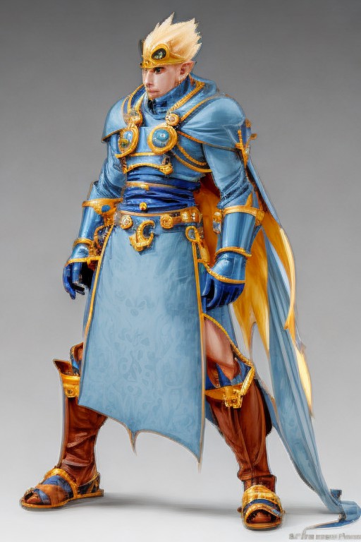 final fantasy character concept <lora:finfan:0.6> finfan,  blue and gold monk, high quality, crisp lines, fine detail,